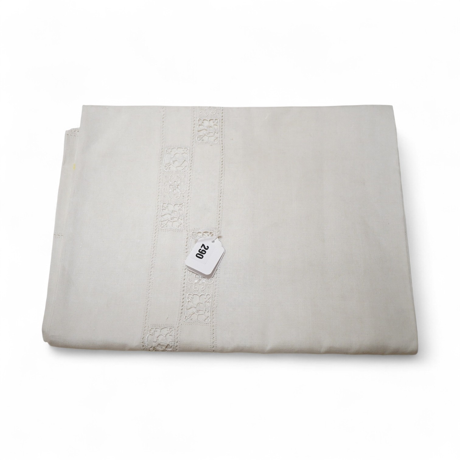 An Italian large linen drawn thread worked and embroidered table cloth, with small square needle lace insertions, 275cm long x 180cm wide. Condition - has a rust line, which maybe removed with rust remover. The cloth is